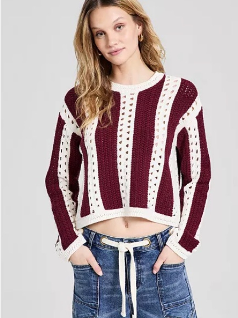 And Now This Burgundy Open-Stitch Stripe Long-Sleeve Sweater Size Large